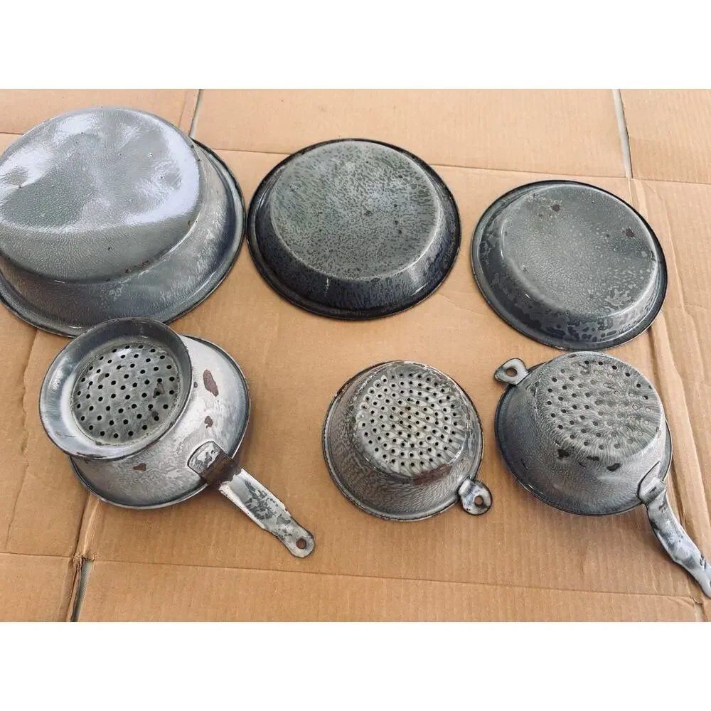 Vintage Gray Swirl Speckled Graniteware Enamelware Pie Pans Colanders Lot 6